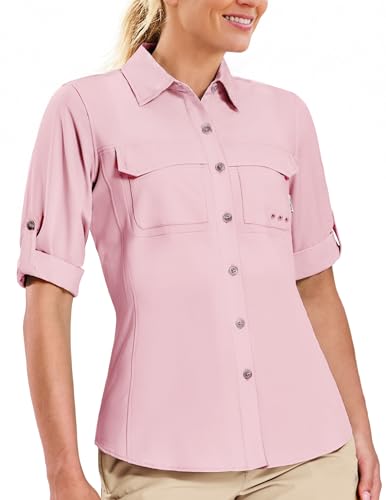 Haimont Women's UPF 50+ Long Sleeve Hiking Button Down Shirt | Quick-Dry, Mesh Back Vents, Roll-Up Tabs, Rod Holder, Lens Cloth, Camping & Travel - color: Pink, size: Small