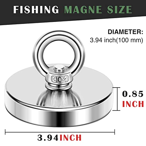 DIYMAG Super Strong Neodymium Fishing Magnets, 1200 Lbs 544 KG Pulling Force Rare Earth Magnet with Countersunk Hole Eyebolt Diameter 3.94 inch(100mm) for Retrieving in River and Magnetic Fishing - size: 100mm
