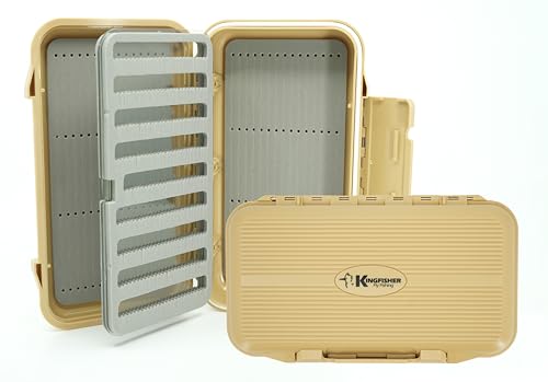 Kingfisher Waterproof Dry Fly Fishing Box with Leaf - color: Tan, size: Foam A Leaf w/ Foam D Box