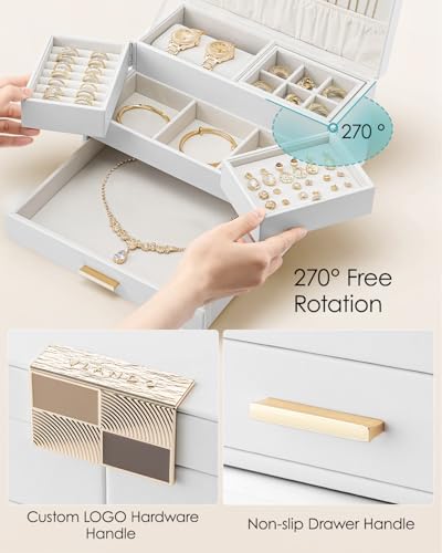 VLANDO 3 Layer Jewelry Box - Women Jewelry Box with Retractable Tray - Jewelry Organizers with Drawer for Necklaces, Rings, Bracelets, Earrings, Gift for Couples Mom Girls - White - color: D.White, size: 3-Layer