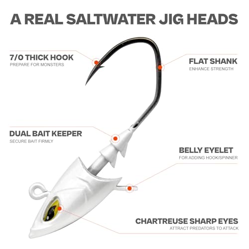 Saltwater Jig Head, Fish Eye Swimbait Jighead for Fishing Inshore/Offshore 1/2 3/4 1 1.5oz with 7/0 Hooks for Redfish, Stripper, Seabass etc. - color: White, size: 1.5oz - 5Pack