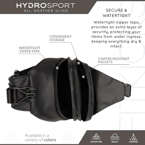 FITKICKS Hydrosport All Weather Sling Bag Unisex Crossbody Travel Hiking Chest Bag - color: Midnight Black