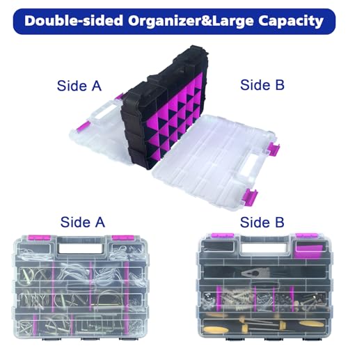 Tools Organizer Box Small Parts Storage Box 50-Compartment Double Side Hardware Organizers with Removable Plastic Dividers for Screws, Nuts, Nails, Bolts, Purple - color: Purple