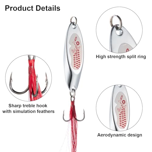 Goture Metal Spoon Trout Lures - Long Distance Casting for Trout, Bass, Crappie, Pike, Salmon - Saltwater & Freshwater - 1/4oz to 1-3/8oz Jigging Spoons - color: A:10pcs Fishing Spoons with Feather, size: 1 oz