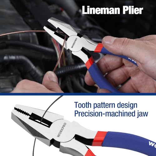 7-piece WORKPRO Pliers Set with Groove Joint, Long Nose, Slip Joint, Linesman, and Diagonal Pliers for DIY & Home Use - color: Red, Blue