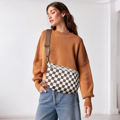 KALIDI Checkered Crossbody Bags for Women Travel Flat Fanny Packs for Woman Men Nylon Cross Body Purse Fashion Belt Bum Bag - color: Brown Checkered