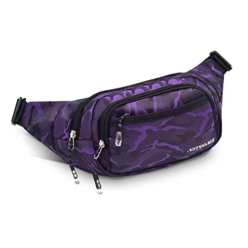 Large Fanny Packs for Women, 5-Zipper Pockets Water Resistant Practical Waist Bag, for Outdoor Running Cycling Sports Travel Hiking Camping Fishing Fashionable Crossbody Belt Bags - color: Violet