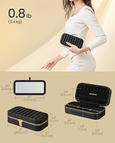 SONGMICS HOME Travel Jewelry Case, Travel Jewelry Box Organizer with Mirror, 4.1 x 8 x 2.4 Inches, Stitching, Portable, Gift Idea, Ink Black UJBC180B01 - color: Ink Black, size: 8"W