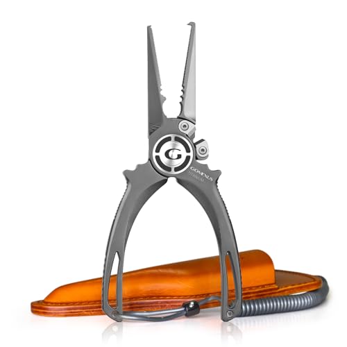 GOMEXUS Fishing Pliers Saltwater with Side Cutters, Never Rust Inshore & Nearshore Titanium Fishing Gear with Lanyard & Leather Sheath, Hook Remover, (7.5'' Split Ring Nose) - color: Split Ring Nose