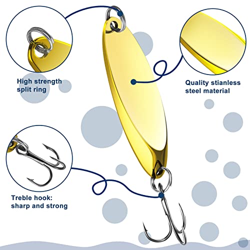 HESTYA Fishing Lures Spoons Saltwater Treble Trout Lures Hard Metal Spinner Baits 5 Sizes Casting Spoon Hooks for Salmon Bass in 1/5 1/4 3/8 1/2 3/4 oz - color: Gold