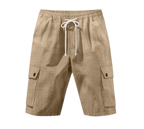 Mens Casual Linen Cargo Shorts Summer Fashion Solid Color Drawstring Elastic Waisted Beach Shorts Pockets - color: Khaki, size: Small