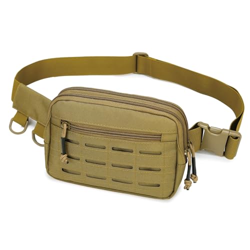 Small Waist Bag Fanny Pack for Men Women, Military Style Belt Bag with MOLLE System, Water-Resistant & Adjustable Strap for Running, Hiking, Festivals, Gym (Brown) - color: Brown