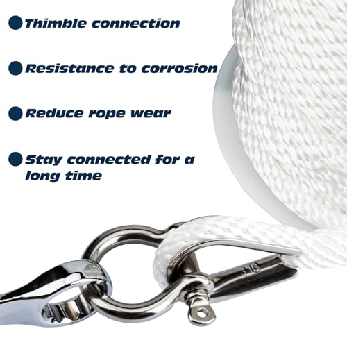 Anchor Rope Braided Anchor Line(White, 3/8" x 100') Premium Solid Braid MFP Boat Rope with Stainless Steel Thimble & Shackle, Quality Marine Line, Boat Accessories - style: 3/8" x 100'