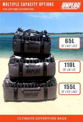 UNPLUG Ultimate Adventure | 1680D Heavy Duty Waterproof Bag | Large Travel Bag which can be Used for Camping, Motorcycling, Boating, or Hunting|65L Storm Grey - color: Storm Grey, size: 65L
