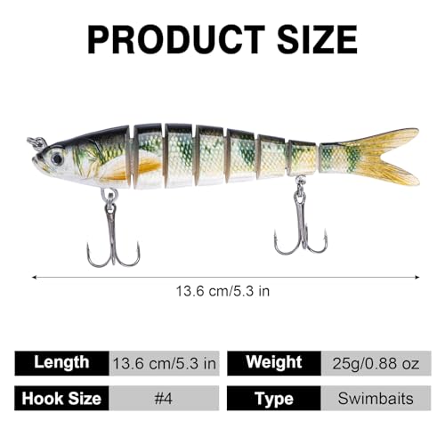 Goture Bass Fishing Lures, Lifelike Jointed Swimbait for Bass Trout Walleye Crappie Pike, Slow Sinking Segment Swimming Bait Fishing Lures for Freshwater and Saltwater, Gifts for Men - color: A:3pcs Bass Lures-5.3in/0.88oz.