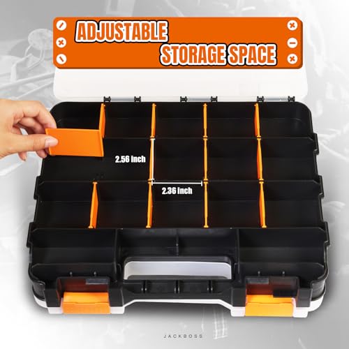 Jack Boss Tool Box with Transparent Lid, Double Side 34-Compartments Organizer Box with Removable Dividers for Hardware, Screws, Bolts, Nails, Beads, Jewelry and Fishing Accessories, Orange, 4 Pack - color: Orange, size: 4 PACK