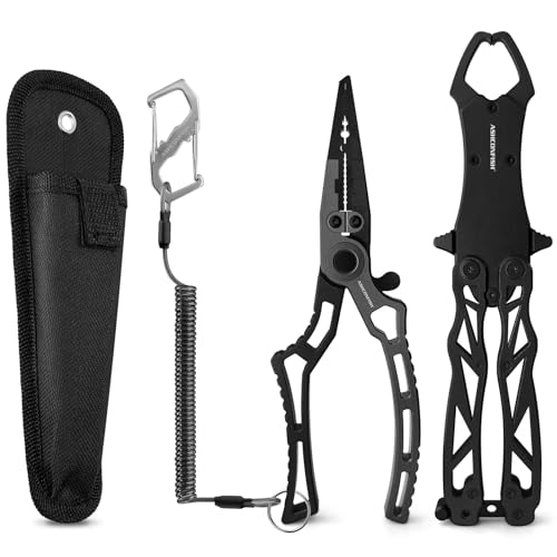 Ashconfish Fish Lip Gripper Pliers - Upgraded Muti-Function Aluminum Alloy Hook Remover and Split Ring Pliers for Fly Fishing, Ice Fishing, Fishing Gear (Black) - color: Black