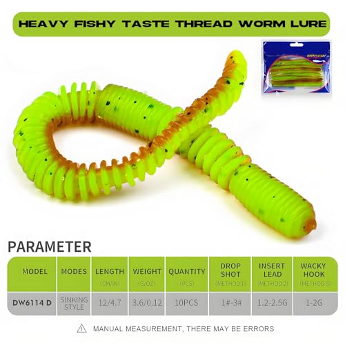 10Pcs/4.7'' Worms for Bait Bass Fishing, Soft Lures Plastic Noodle Wacky Worm Earthworm Silicone Threaded Bait for Ned rig, Fishing Lure Kit for Freshwater Saltwater - color: D