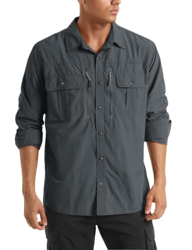 TACVASEN Fishing Shirt for Men, Long Sleeve Shirt Quick Dry Fit, Tactical Shirt Button Up, Work Shirt Lightweight Safari - color: Dark Grey, size: Small