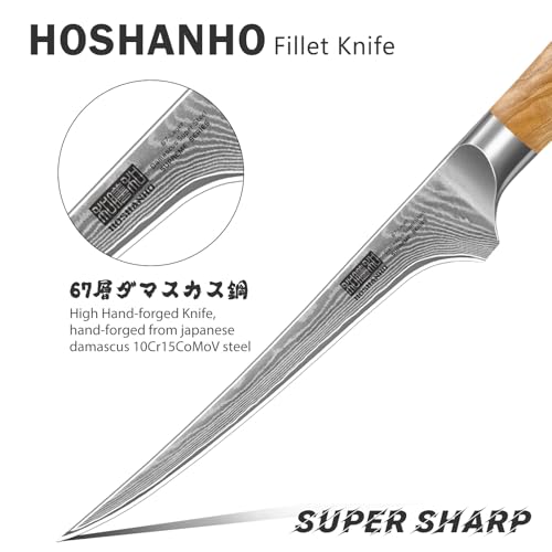 HOSHANHO 7 Inch Damascus Fillet Knife, Professional 10Cr15CoMoV Super Steel Japanese Boning Knife, Ultra Sharp Fish Knife with Ergonomic Olive Wood Handle - style: 7 Inch Fillet Knife