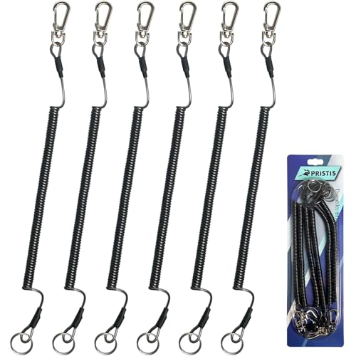 Pristis 6 pcs Fishing Coiled Lanyards, Heavy-duty Retractable Keychain Pole Tether, Safety Leash Steel Wire & Carabiner Clip - color: Black