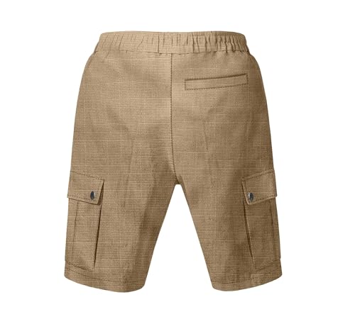 Mens Casual Linen Cargo Shorts Summer Fashion Solid Color Drawstring Elastic Waisted Beach Shorts Pockets - color: Khaki, size: Small