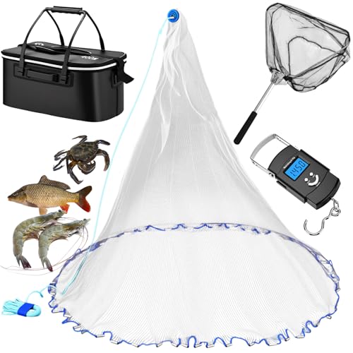 Threehoney Set of 4 Saltwater Fishing Cast Net, Foldable Fish Bucket, Folding Fishing Landing Net, and 110lb Digital Scale, 6 Gallon Live Fish Bait Bucket - color: Black, size: 6ft