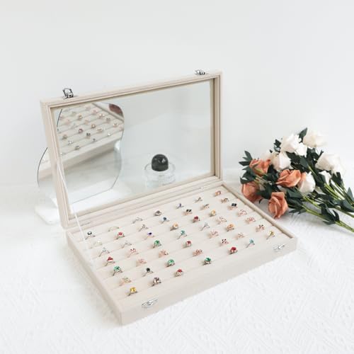 Wudygirl Ring Display with Clear Lid Organizer and Showcase Rings Box with 7 Slots Jewelry Tray for Drawer Velvet Rings Holder Accessories Storage (Beige Velvet) - color: Beige, size: Ring
