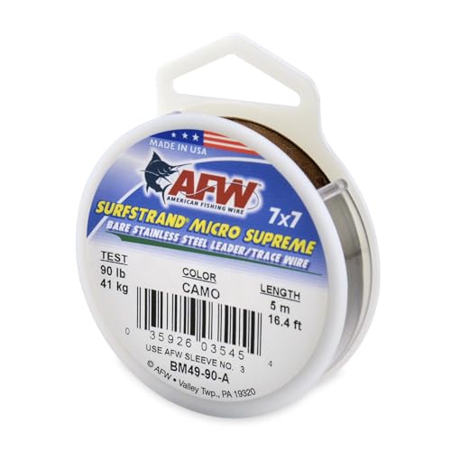 American Fishing Wire Surfstrand Micro Supreme Bare 7x7 Stainless Steel Leader Wire- Fishing Leader Line for Saltwater, 13lb Test - 20lb Test, Camo Color, 5m Length - color: Camo, size: 90 lb / 5m