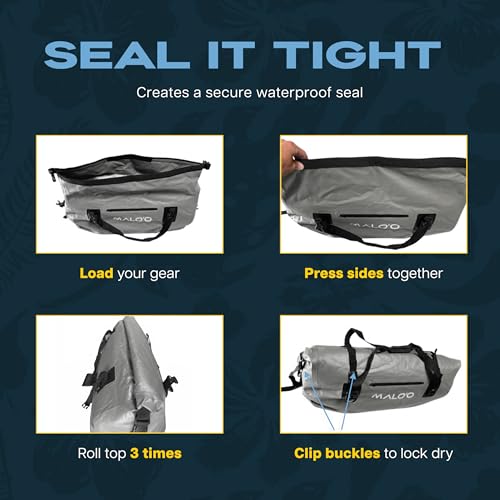 Malo’o Waterproof Dry Duffel, Heavy-Duty Roll Top Waterproof Gear Bag with Shoulder Strap & Molle Loops, Marine Duffel for Kayaking, Boating, Camping, Beach & Travel, Grey, 60L - color: Grey, size: 60L