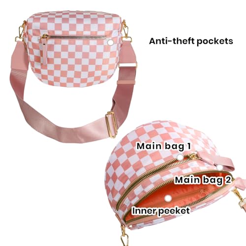 Checkered Crossbody Bag Bum Bags for Women, Spacious Nylon Fanny Packs Belt Wallet (pink checkered) - color: pink checkered
