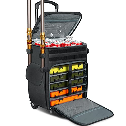 MATEIN Rolling Tackle Box with Cooler, Large Fishing Bag with Wheels for 5 Trays(Trays Not Included), Saltwater Resistant Tackle Backpack with Rod Holders for Storage Gear Pole Lures