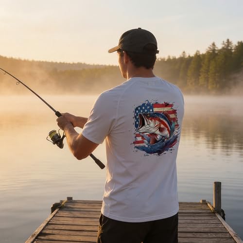Riverruns Men's Fishing Shirt Short Sleeve UPF 50+ UV Sun Protection T-Shirt Rash Guard Swim Shirt #1024 - color: White / Fishing Gear Combo, size: Small