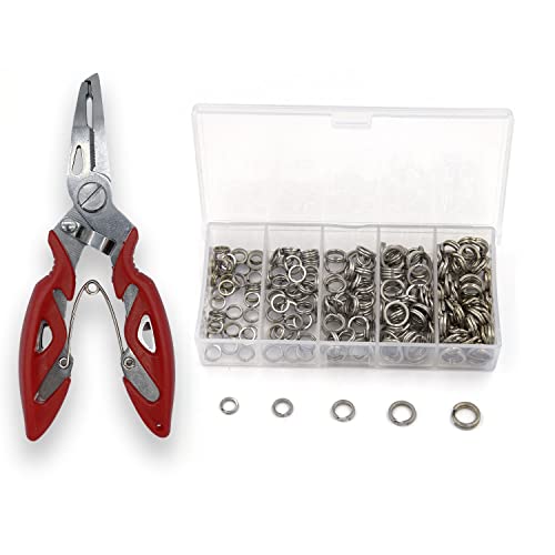 Pack of 201pcs Fishing Stainless Steel Split Rings 5 Sizes and Plier Set, Split Ring Capable of withstanding Large tensile Force and Fishing Plier Tool Kit for Saltwater Fishing Lure Connectors… - color: Red