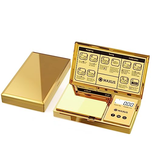 MAXUS Digital Gram Scale with 200g x 0.01g Capacity, Stylish Gold Plated Cover and Platform for Accurate and Precise Weighing of Jewelry, Grains, and Food in Grams and Ounces - color: Gold