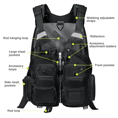 Gonex Fly Fishing Vest for Men Women, Comfortable Adjustable Fishing Vest with Multi-Pockets Reflective Stripes - color: Black