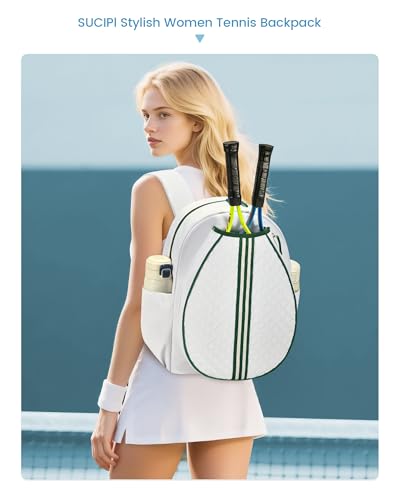 Sucipi Tennis Bag, Quilted Tennis Sling Crossbody Backpack, Water Resistant Tennis Racket Bags for Women Men, Suitable for Pickleball Tennis Badminton - color: White Green, size: Large