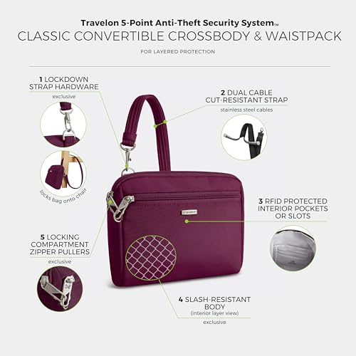 Travelon Anti-Theft Classic Convertible Crossbody & Waist Pack - color: Burgundy