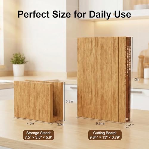 Book Cutting Board Set of 3 with Stand - Wooden Library Shaped Chopping Boards That Look Like Books, Labeled Meat, Fish, Cheese & Bread, Fruits & Vegetables, Decorative Kitchen Cutting Boards