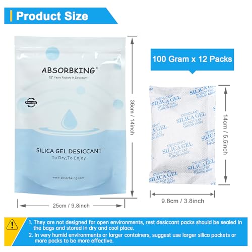 Absorbking Silica Gel Packets, 100 Gram 12 Packs Food Safe Moisture Absorbers, Desiccant Packs for Storage, Reusable Desiccant for Foods, Storage Bins, 3D Filaments, Electronics, Safes - size: 100g(12-pack)