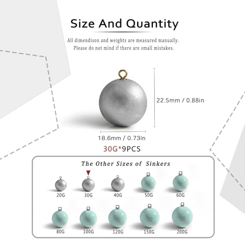 Lead Free Fishing Weights Sinkers 20g-200g Coated Egg Sinkers Cannonball Weights Assorted Sizes Bag and Fishing Weights Assortment Box Non-Lead Fishing Weights Saltwater Freshwater - style: 30g(1.05oz)-9pcs