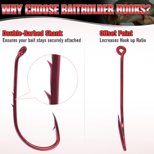 Baitholder Fishing Hooks 100 Pack - Double-Barbed Long Shank for Bluegill Bass Trout Walleye Black/Red, 8/0-#8 - color: 1-Red, size: Size:8 100-Pack