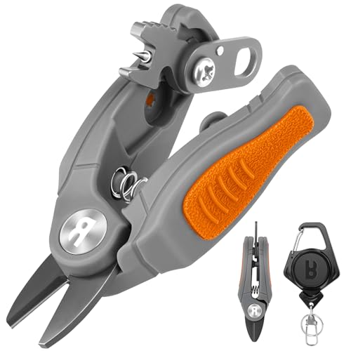 Booms Fishing Line Cutter with Retractor: Mini Fishing Scissors for Braided Momo Fluoro Line - Braid Scissors Saltwater with Hook Eye Cleaner - Serrated Shears with Locking Feature, FR1 Orange - color: Orange