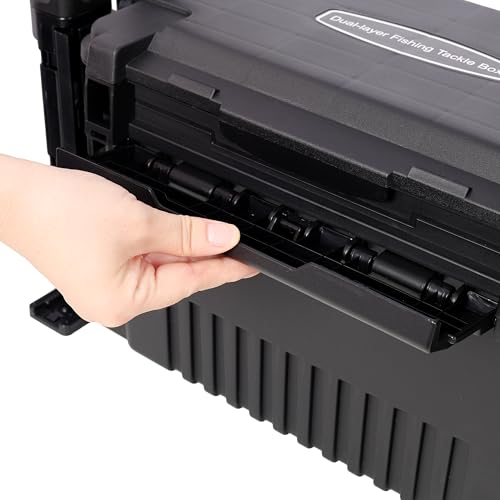 Dual-layer Fishing Tackle Box, Tackle Box Organizer Fishing Box Large, Plastic Portable Tackle Storage Box with 2pcs Rod Holder, 2pcs Cup Holder, 1pc Carring Strap - color: Black