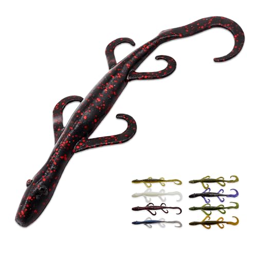 Wild Lizard Soft Plastic Lure, 5.5 Inch Scented Creature Bait for Bass Fishing, Active Legs & Tail, Dense Salt Body for Natural Sink, Ideal for Texas & Carolina Rig, 10-Pack - color: Black Red Flake