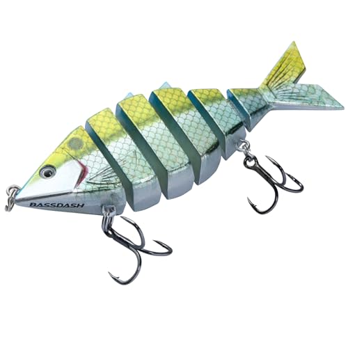 BASSDASH Bone Swimbait Multi Jointed Hard Fishing Lure for Bass Trout Bluegill Pike with Angled Cut Segments - color: Blue Gold