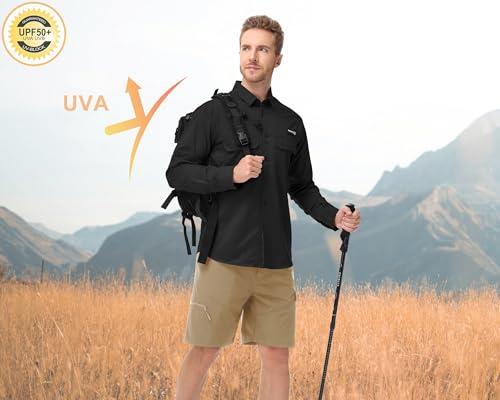 Satankud Mens Long Sleeve Fishing Shirts UPF 50+ Sun Protection Cooling Hiking Shirt for Travel Safari Work - color: Black, size: XX-Large