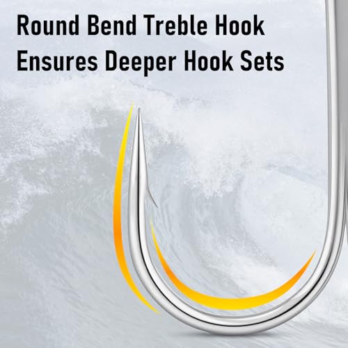 Dr.Fish 30 Pack Round Bend Treble Hooks #16-#8/0, Triple Fishing Hooks Saltwater&Freshwater, Replacement Hardbait Crankbait Spinner Catfish Walleye Trout Salmon Bass Fishing - color: Silver, size: #2/0-30 Pack