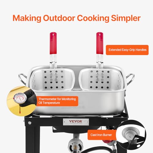 VEVOR 18 Qt Fish and Wing Fryer with Double Basket, Aluminum Propane Fish Fryer Kit, Outdoor Deep Fryer Seafood Pot with Thermometer and 58,000 BTUs Propane Burners, for Outdoor and Backyard Cooking - style: 18-qt