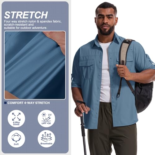 Mens Safari Sun Shirts UPF 50+ UV Sun Protection Long Sleeve Outdoor Quick Dry Fishing Hiking Gardening Shirts - color: 5051 Ocean Blue, size: Large